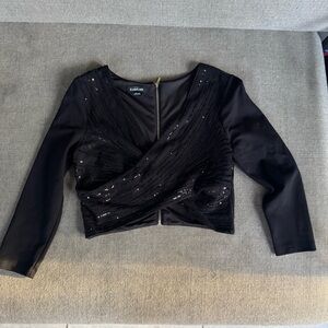 Bebe Black Sequin Long Sleeve Wrap Crop Top - size S